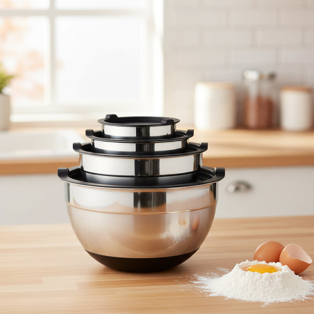 Mixing Bowls with Airtight Lids，6 Piece Stainless Steel Metal Nesting Storage Bowls, Non-Slip Bottoms Size 7, 3.5, 2.5, 2.0,1.5, 1QT, Great for Mixing & Serving(Black)