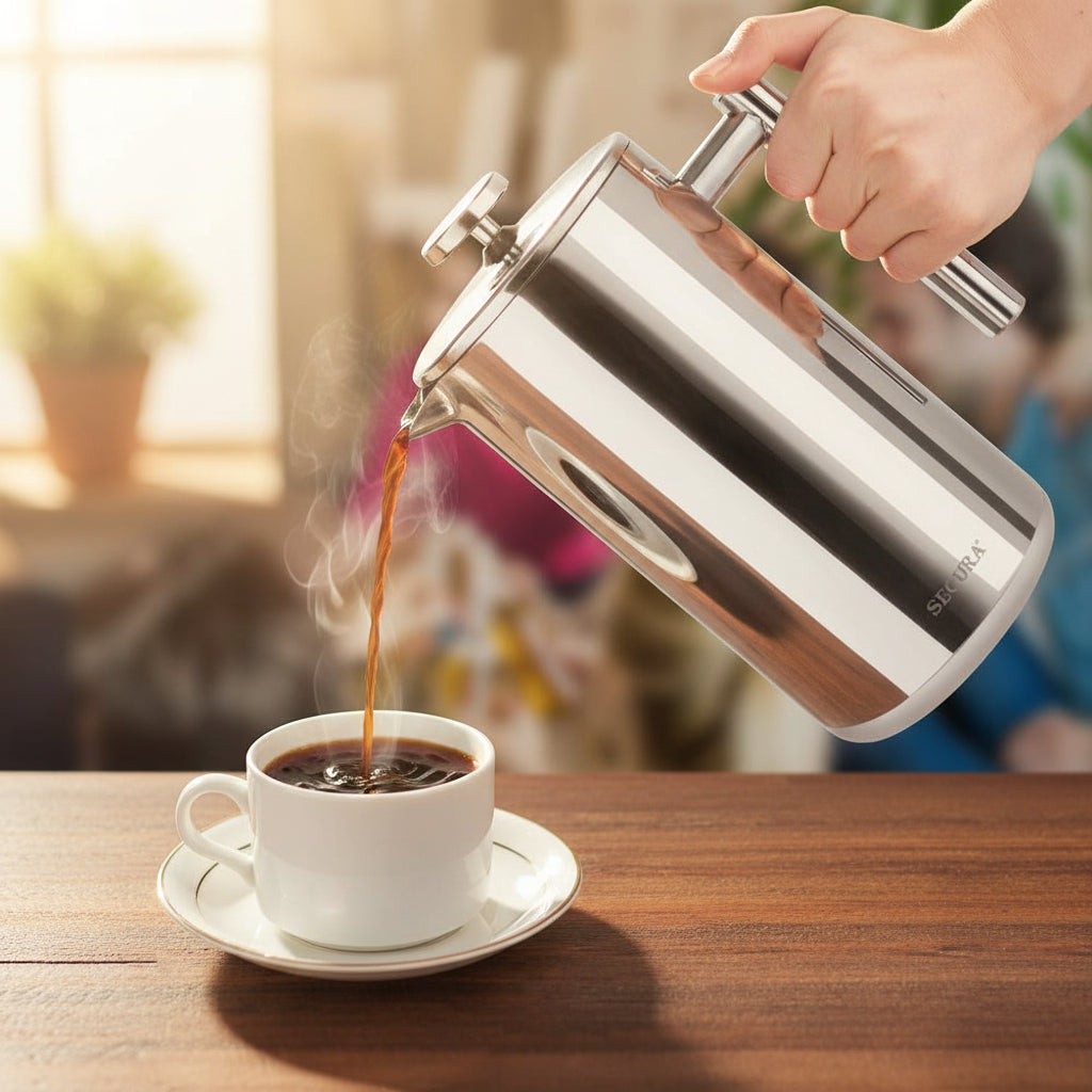 French Press Coffee Maker, 304 Grade Stainless Steel Insulated Coffee Press with 2 Extra Screens, 34Oz (1 Litre), Silver