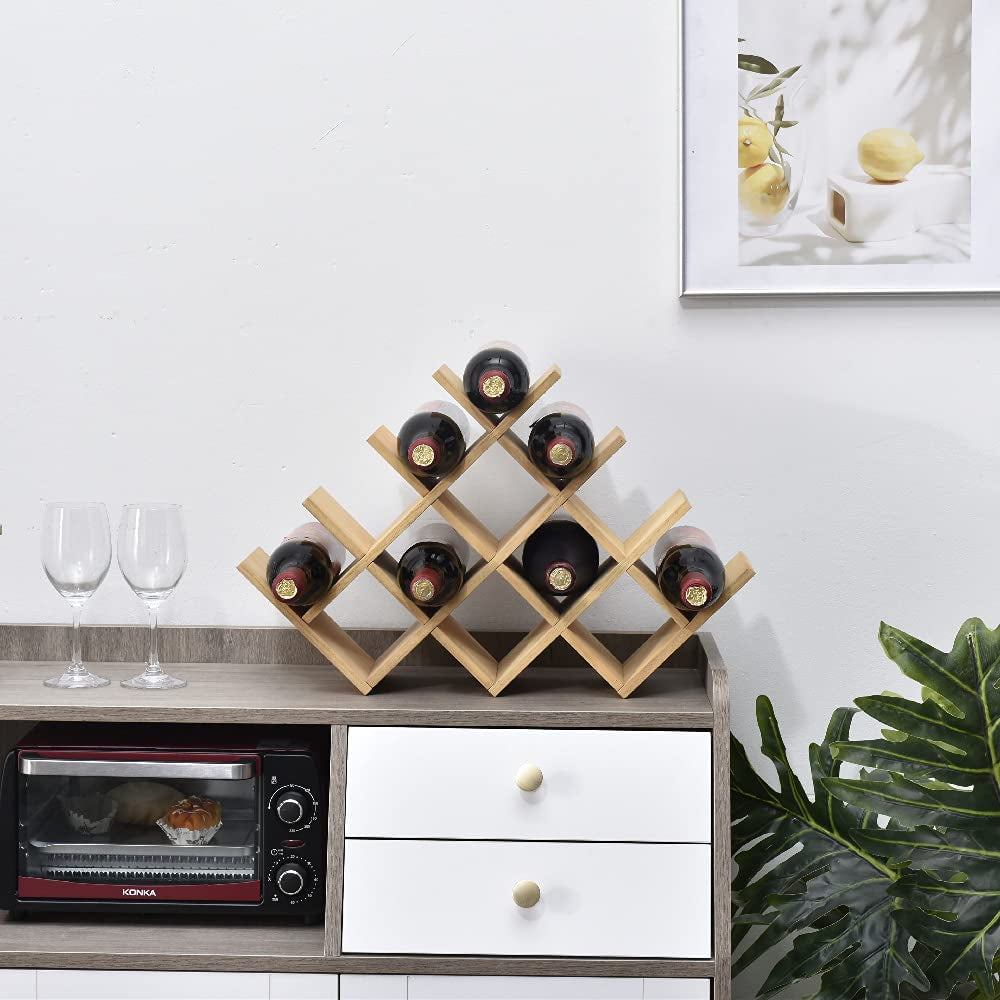 Wood Wine Rack, 13-Bottle 4-Tier Countertop Holder, Natural, 4-NA | 22.28 X 5.9 X 13.9 In, Freestanding Wooden Rack Stores 13 Wine Bottles for Counters, Cabinets, Pantry Shelves, and Home Bars