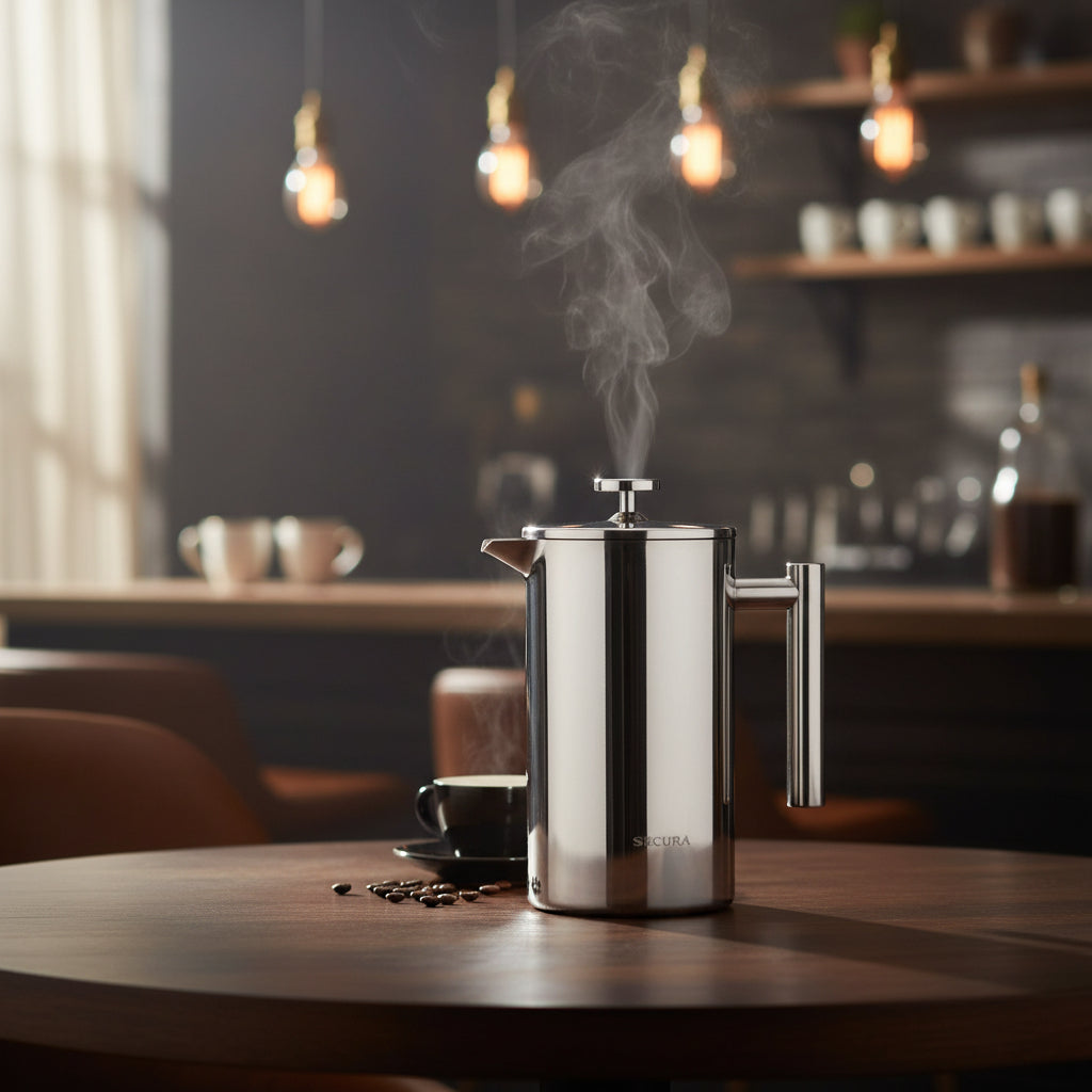 French Press Coffee Maker, 304 Grade Stainless Steel Insulated Coffee Press with 2 Extra Screens, 34Oz (1 Litre), Silver
